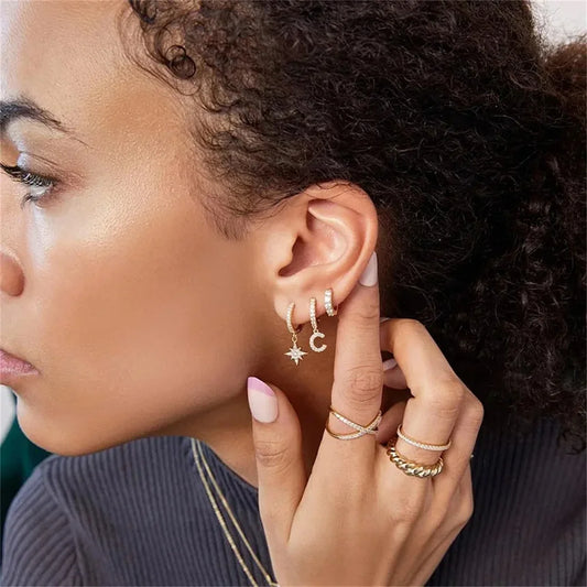 2Pcs Fashion Stainless Steel Star and Moon Pendant Earrings,Cubic Zirconia Cartilage Earring Hypoallergenicity Piercing Jewelry