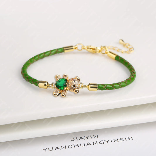 Adjustable Cute Crystal Cubic Zirconia Bear Leather Rope Bracelet Classic for Woman Girl Wrist Jewelry Daily Wear Drop Shipping