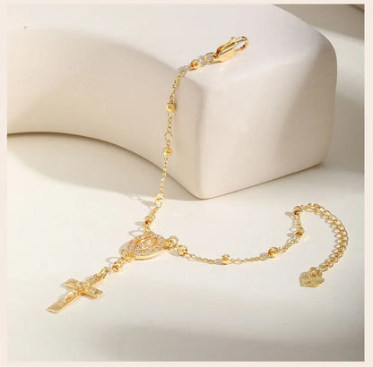 Catholic Cubic Zirconia Rosary Cross Beaded Link Bracelets, Oval Jesus Coss Jewelry, Religion Gold Plated Bracelet