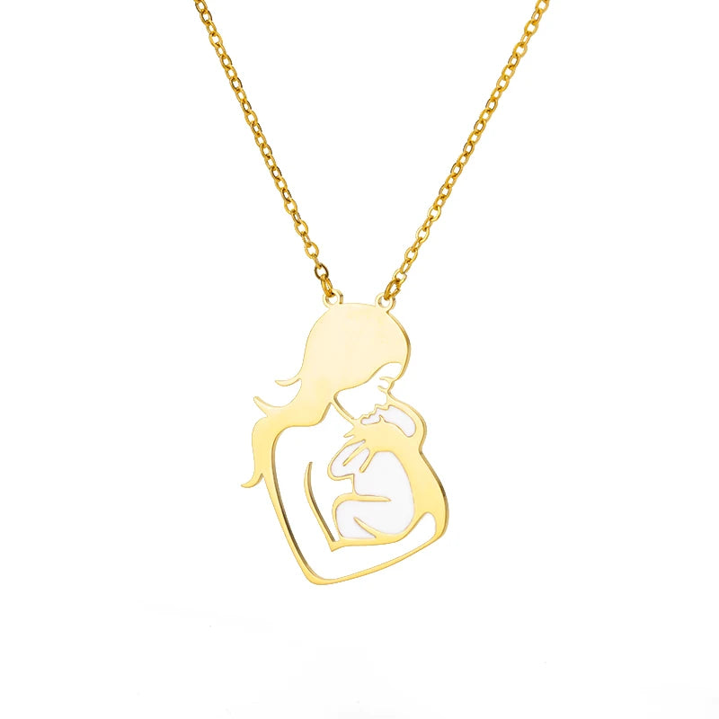 Mom 's Baby Stainless Steel Gold Color Chain Necklace For Women Double Love Heart Necklace Mother's Day Christmas Gift Jewelry
