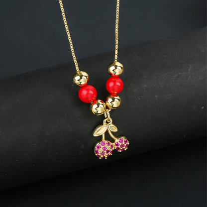 Hot Sale Crystal Red Cherry Pendant Necklace For Woman Gold Plated Fruit Collarbone Chain Fashion Daily Party Jewelry Gift