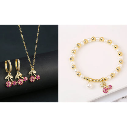 13 Style Choice 3pcs Lucky Red Cherry Crystal Fruit Bracelet Necklace Earrings Jewelry Set Luxury for Women Daily Party Jewelry