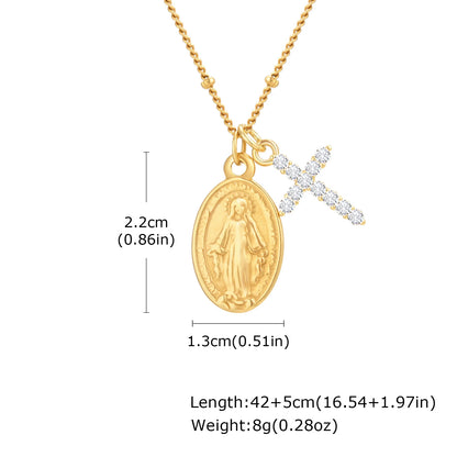 Zircon Cross Virgin Mary Pendant Necklace for Women,Stainless Steel Gold Plated Bead Chain Necklace, Religious Prayer Jewelry