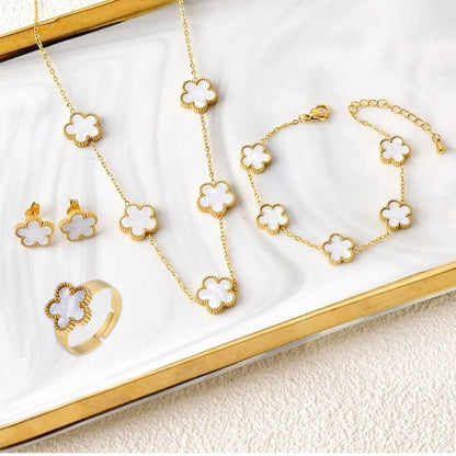 New Creative 4Pcs Stainless Steel Five Leaf Flower Bracelet Necklace Earrings Rings Set for Women Fashion Party Jewelry Clover