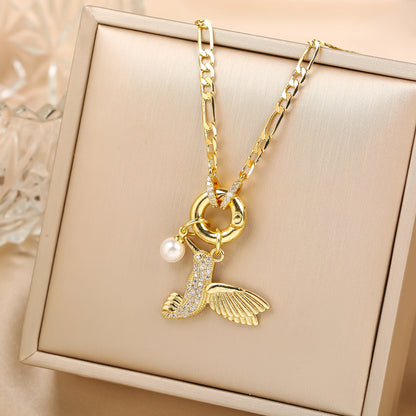 Hot Sale Gold Plated Animal Hip Hop Hummingbird Bird Pearl Pendant Necklace New Fashion Man Woman Casual Vacation Jewelry Gift