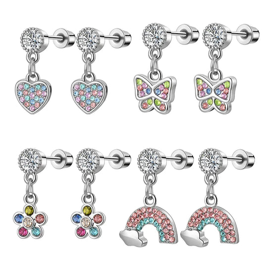 2/8pcs Hypoallergenic Heart Flower Dangle Screw Back Earrings,Flat Back Ear Studs Butterfly Cartilage Tragus Piercing Jewelry