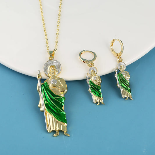 18K Gold Plated Religious Figures St. Jude Necklace Earrings Jewelry Set Simple for Woman Christian Catholic Jewelry Daily Wear