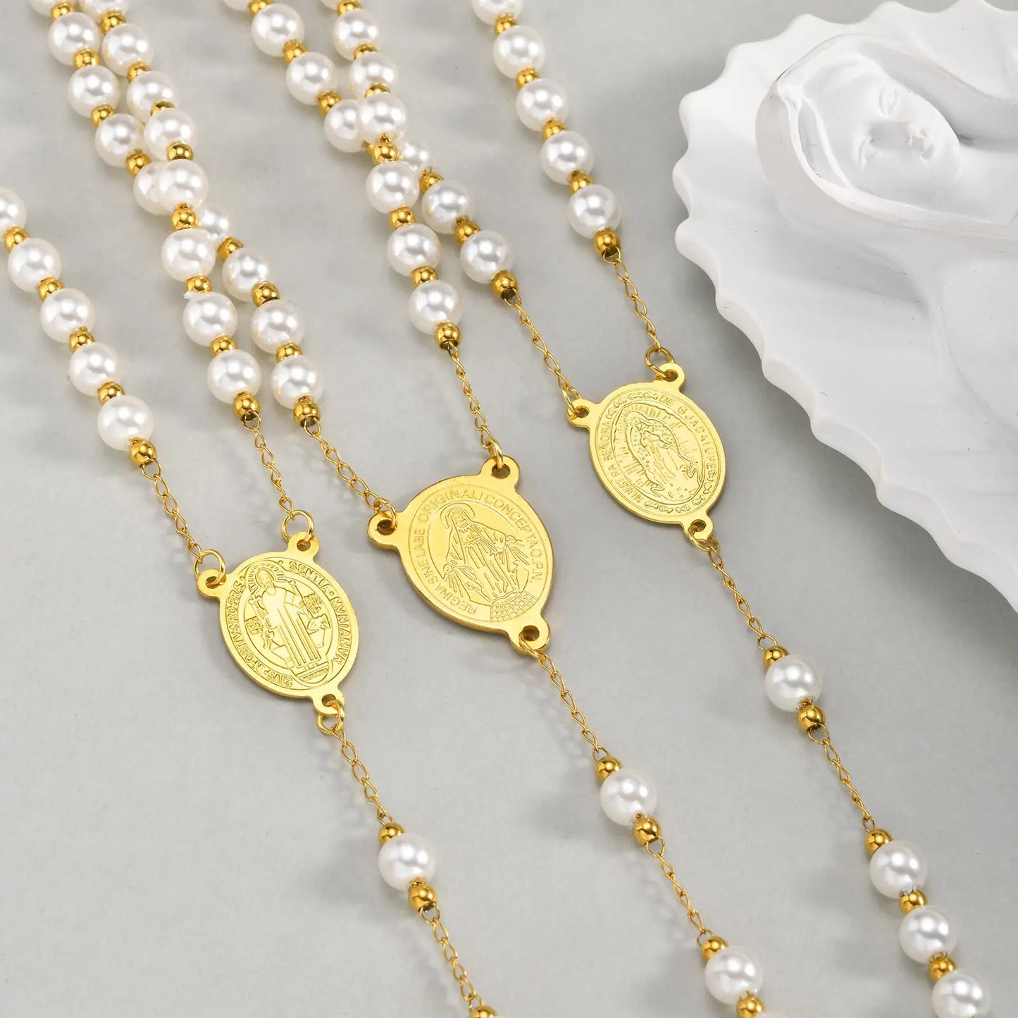 Imitation Pearl Beaded Chain Holy Virgin Mary Y-Shaped Necklace, Stainless Steel Cross Pendant Necklace,Religious Prayer Jewelry