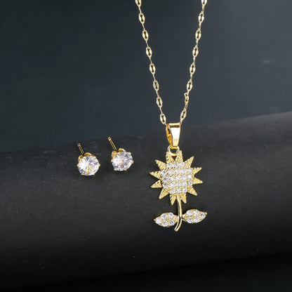 2pcs Sparkling Crystals Botanical Sunflower Necklace Earrings Jewelry Set for Woman New Fashion Casual Party Jewelry GirlGift