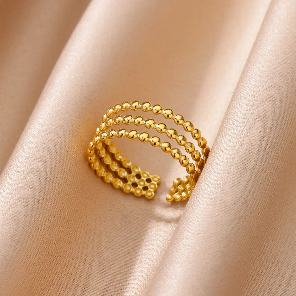 Cute Multilayered Beads Chain Ring For Women Stainless Steel Gold Color Minimalist Finger Ring 2024 Trend Wedding Jewelry Gift
