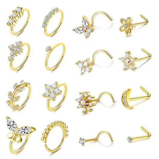 16Pcs 20G Flower Butterfly Nose Rings Hoops,Inlaid Shiny Zircon Nose Screw Nose Body Piercing Jewelry Decoration