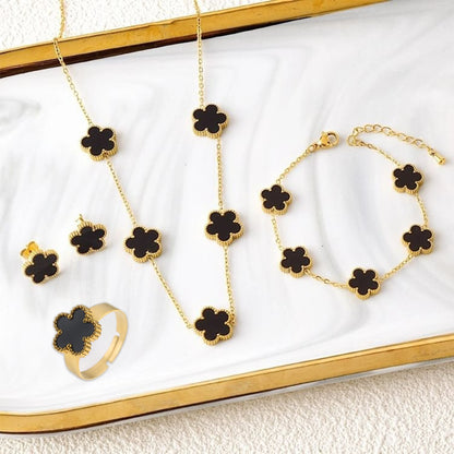 New Creative 4Pcs Stainless Steel Five Leaf Flower Bracelet Necklace Earrings Rings Set for Women Fashion Party Jewelry Clover
