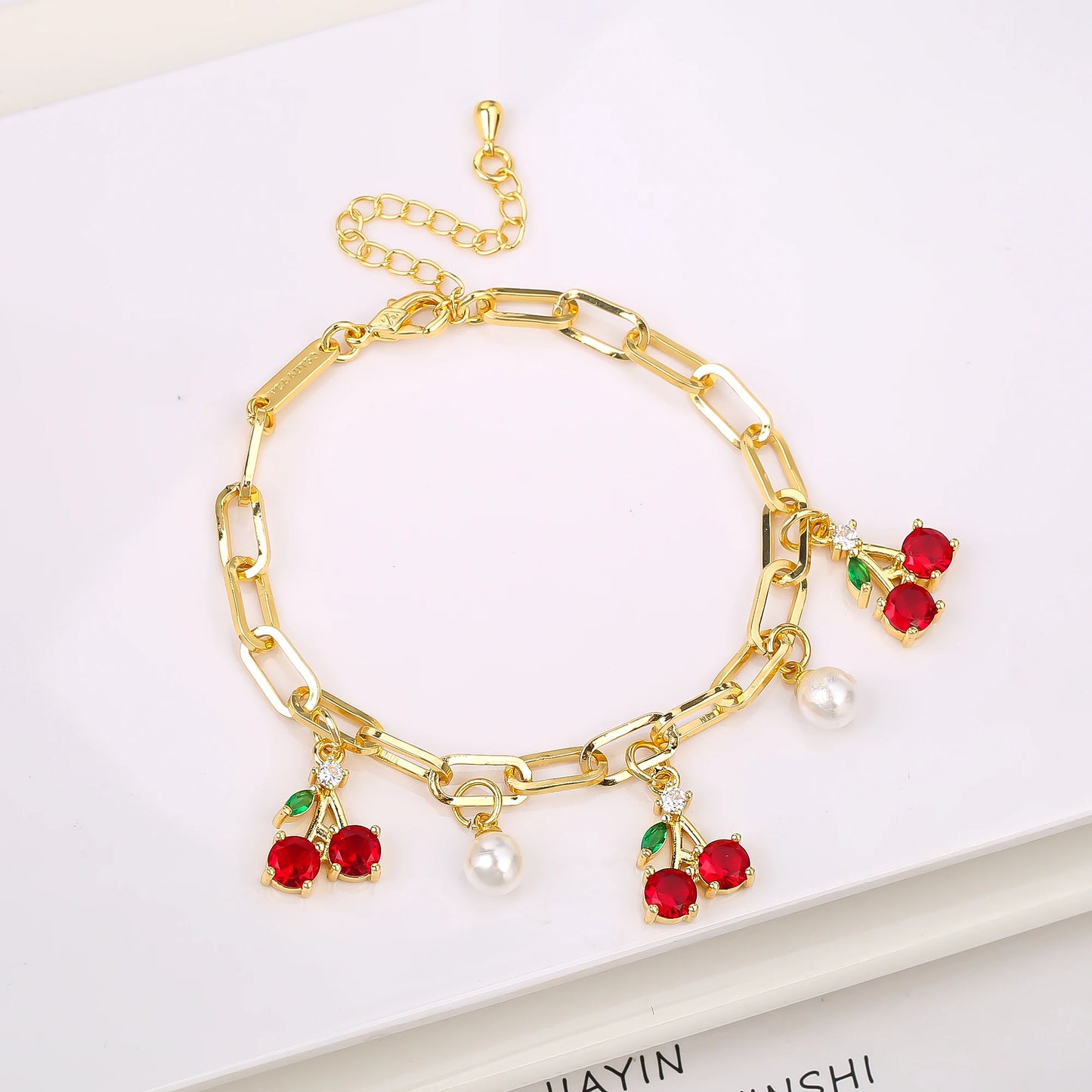 17 Colors Gold Plated Fruit Cherry Crystal Zirconia Adjustable Pearl Bracelet Luxury for Women Girls Casual Daily Party Jewelry
