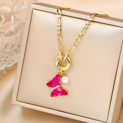 13 Color Cute Insect Butterfly Crystal Pearl Pendant Necklace Luxury for Woman Girl New Fashion Party Aesthetic Jewelry Gift