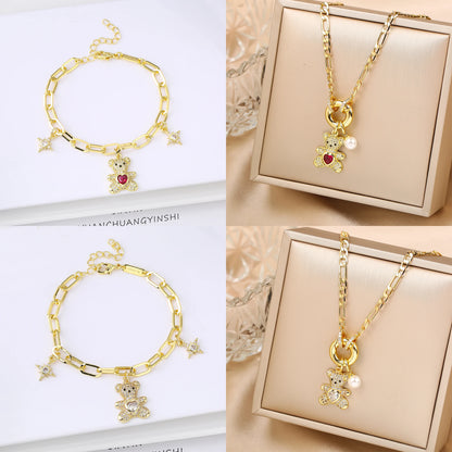 Hot Sale 2PCS Animal Bear Zirconia Bracelet Jewelry Necklace Set for Women Female Daily Party Crystal Jewelry Girl Gift