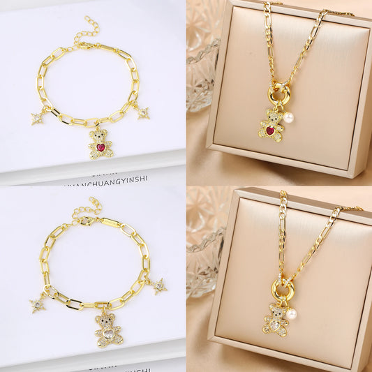 Hot Sale 2PCS Animal Bear Zirconia Bracelet Jewelry Necklace Set for Women Female Daily Party Crystal Jewelry Girl Gift