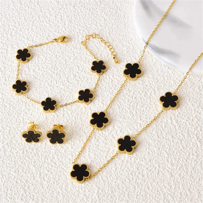 2/4Pcs 18K Gold Plated Five Leaf Flower Earring Necklace Bracelet Set for Women, Elegant Fashion Design Bracelet Jewelry Gifts
