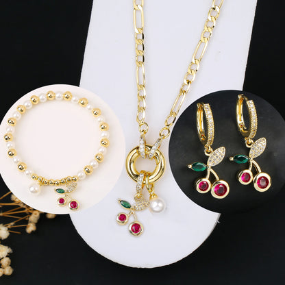 3pcs Hot Sale Shiny Zirconia Crystal Cherry Necklace Bracelet Earrings Jewelry Set Fashion for Woman Girl Wedding Lucky Jewelry