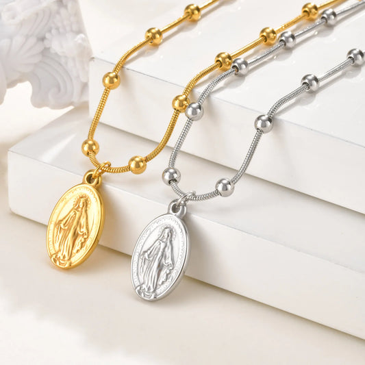 Holy Virgin Rosary Necklace for Women,Stainless Steel Bead Snake Chain Necklaces,Classic Religion Jewelry Gift