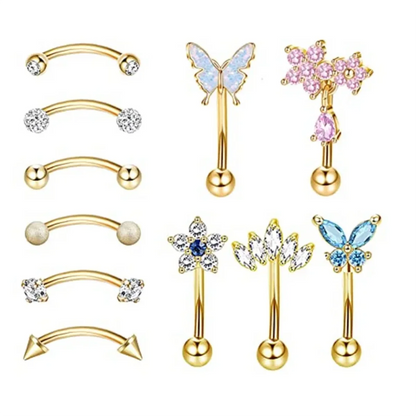 11Pcs 16G Colorful Butterfly Shape Curved Barbell Eyebrow Ring, Belly Lip Ring Inlaid Shiny Zircon Bling Bling Piercing Jewelry