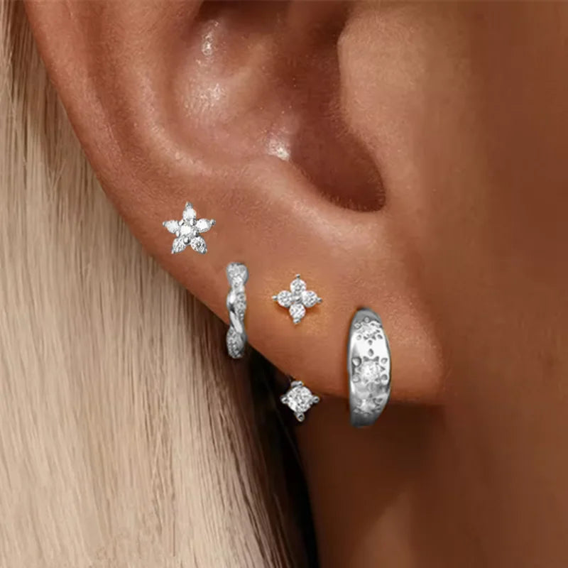 4PCS Fashion Stainless Steel Zirconia Star Huggie Hoop Earrings Set for Women Curious Pendant Flower Ear Stud Piercing Jewelry
