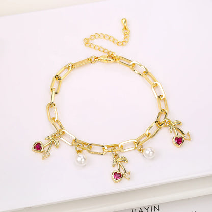 17 Colors Gold Plated Fruit Cherry Crystal Zirconia Adjustable Pearl Bracelet Luxury for Women Girls Casual Daily Party Jewelry
