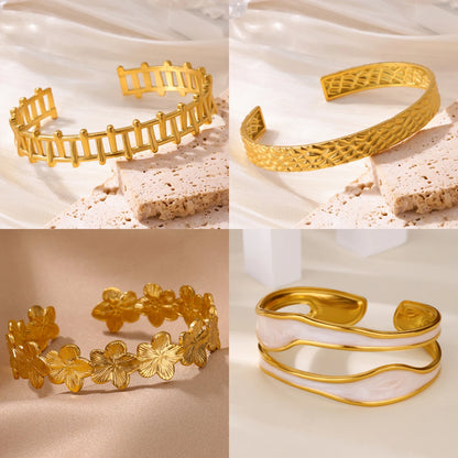 Free Shipping Classic Texture Geometric Open Bangle Bracelet For Women Stainless Steel Gold Color Exquisite Bracelet Jewelry
