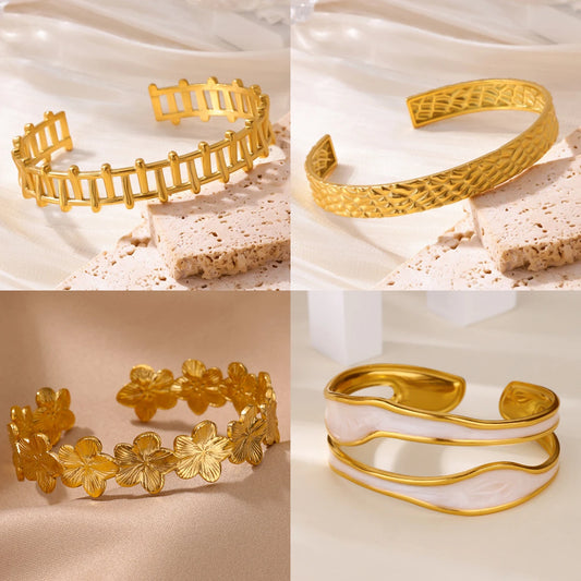 Free Shipping Classic Texture Geometric Open Bangle Bracelet For Women Stainless Steel Gold Color Exquisite Bracelet Jewelry