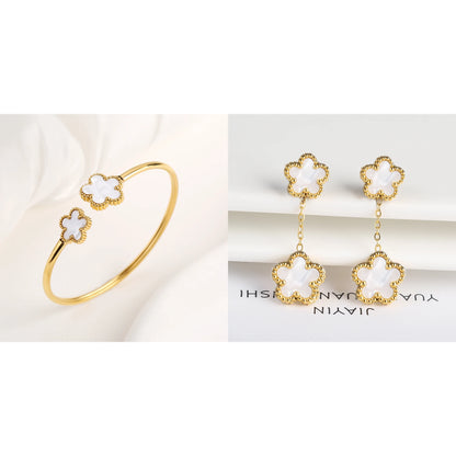 7 Color Bracelet Earrings Stainless Steel Five Leaf Flower Jewelry Set High Quality Woman Classic Daily Party Jewelry Clover New