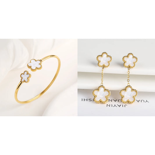 7 Color Bracelet Earrings Stainless Steel Five Leaf Flower Jewelry Set High Quality Woman Classic Daily Party Jewelry Clover New