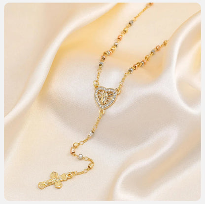 Vnox Virgin Mary Heart Rosary Necklaces for Women Men, Gold Plated Cross Prayer Collar, Long Sweater Chain Necklace