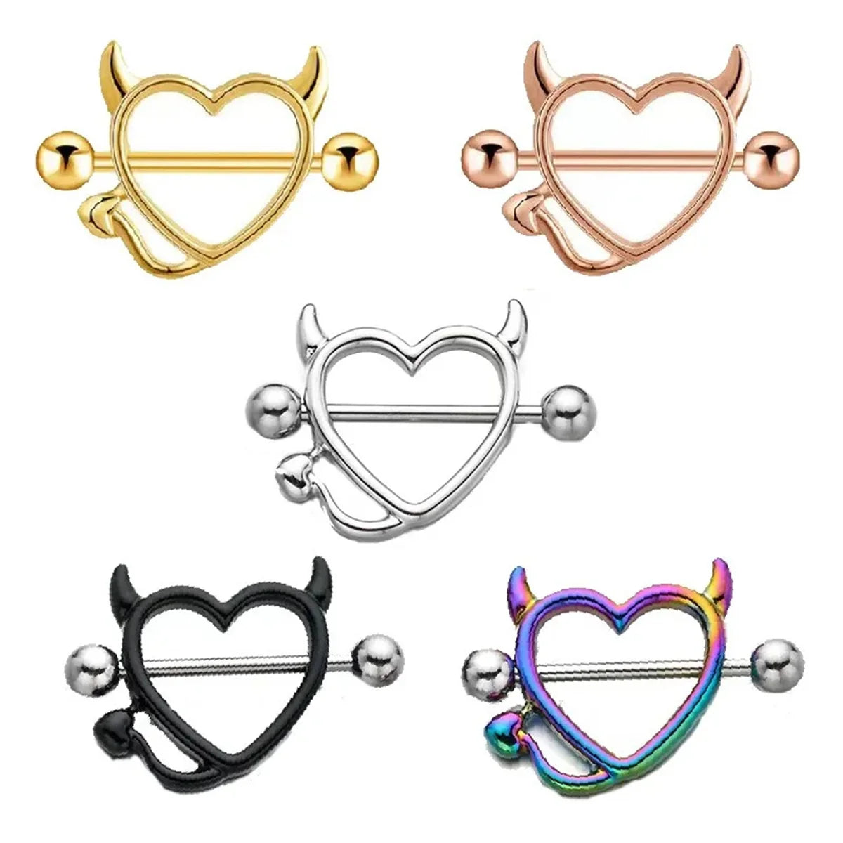 1/5Pairs 316L Stainless Steel Nipple Ring for Women, Various Colors Devil Love Heart Nipple Piercing Jewelry