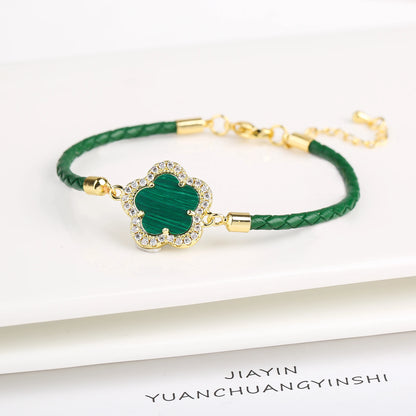 INS Hot Sale Shiny Zirconia Five-Leaf Flower Leather Adjustable Bracelet Classic Stone Plumeria Bracelet For Woman Jewelry Gift