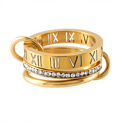 JOVO LOVE Three Layers Roman Numerals Stacking Ring for Women  Stainless Steel Our Fingers Chain Shape Variable Crystal Rings