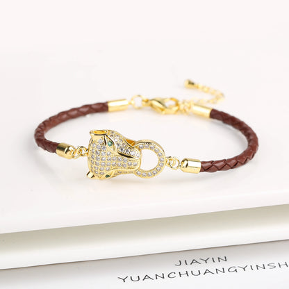 15 Style Hot Sale Shiny Zirconia Animal Leopard Head Leather Braided Bracelet Hip Hop for Men Women Fashion Jewelry Accessories