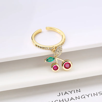Sweet And Lovely Fruit Cherry Crystal Zirconia Opening Adjustable Ring Simple For Woman Girl Daily Party New Fashion Jewelry