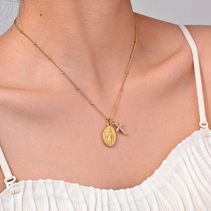Zircon Cross Virgin Mary Pendant Necklace for Women,Stainless Steel Gold Plated Bead Chain Necklace, Religious Prayer Jewelry