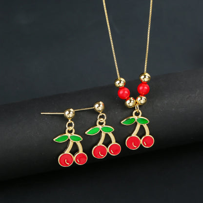 2pcs 22 Style Fashion Fruit Cherry Zircon Crystal Jewelry Set Earrings Necklace  For Women Female New Trend Party Jewelry Gift