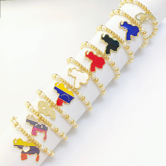New Fashion Venezuelan Mexican Dominican Map Pendant Woven Pearl Chain Bracelet for Men Women Party Jewelry National Day Gift