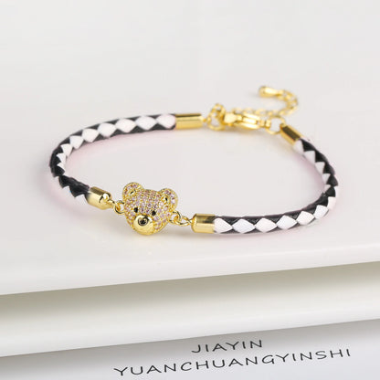 Adjustable Leather Braided Zirconia Bear Bracelet Classic Woman Animal Bracelet Fashion for Party Jewelry Gift Accessories