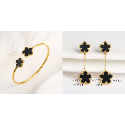 7 Color Bracelet Earrings Stainless Steel Five Leaf Flower Jewelry Set High Quality Woman Classic Daily Party Jewelry Clover New