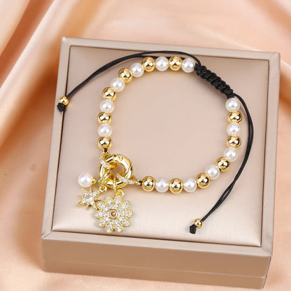 New Trend Crown Star Theme Zircon Bracelet Venezuela Flag Cross Pearl Chain Bracelet Fashion for Woman Girl Daily Wear Jewelry