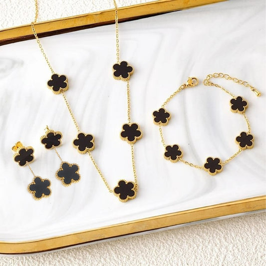 3Pcs Luxury Stainless Steel Five Leaf Flower Jewelry Set Bracelet Necklace Earrings Classic for Women Daily Party Jewelry Clover