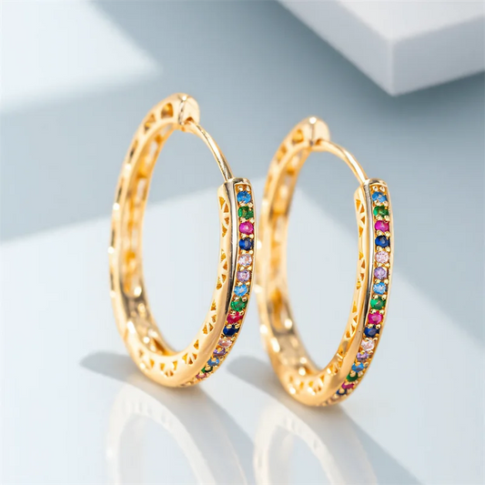 Rainbow Zircon Multicolor Stone Round Hoop Earrings For Women Gold Color Ear Buckle Daily Wedding Party Jewelry Mothers Day Gift