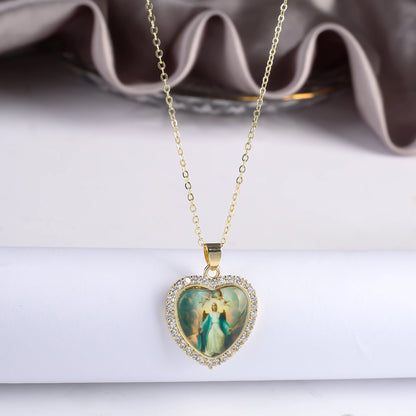 Fine Trendy Heart Shape Religious Figure Virgin Mary Pendant Necklace Fine Holiday Party Catholic Jewelry Gift Wholesale