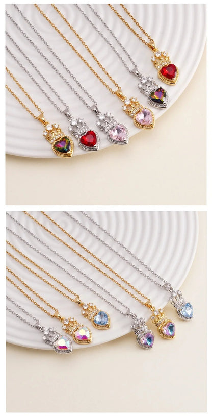 High Grade Crown Heart Zircon Pendant Necklace Stainless Steel Chains Geometric Choker Jewelry Party Gifts For Women Girls