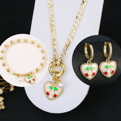 3pcs Hot Sale Shiny Zirconia Crystal Cherry Necklace Bracelet Earrings Jewelry Set Fashion for Woman Girl Wedding Lucky Jewelry