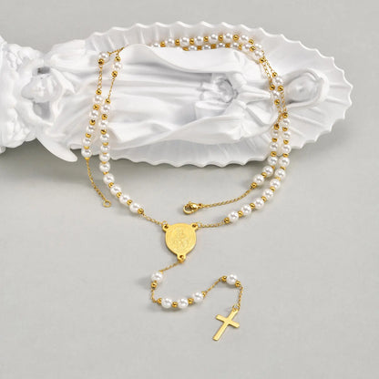 Imitation Pearl Beaded Chain Holy Virgin Mary Y-Shaped Necklace, Stainless Steel Cross Pendant Necklace,Religious Prayer Jewelry