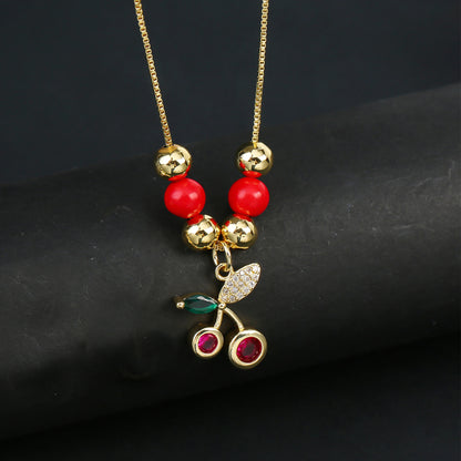 Hot Sale Crystal Red Cherry Pendant Necklace For Woman Gold Plated Fruit Collarbone Chain Fashion Daily Party Jewelry Gift