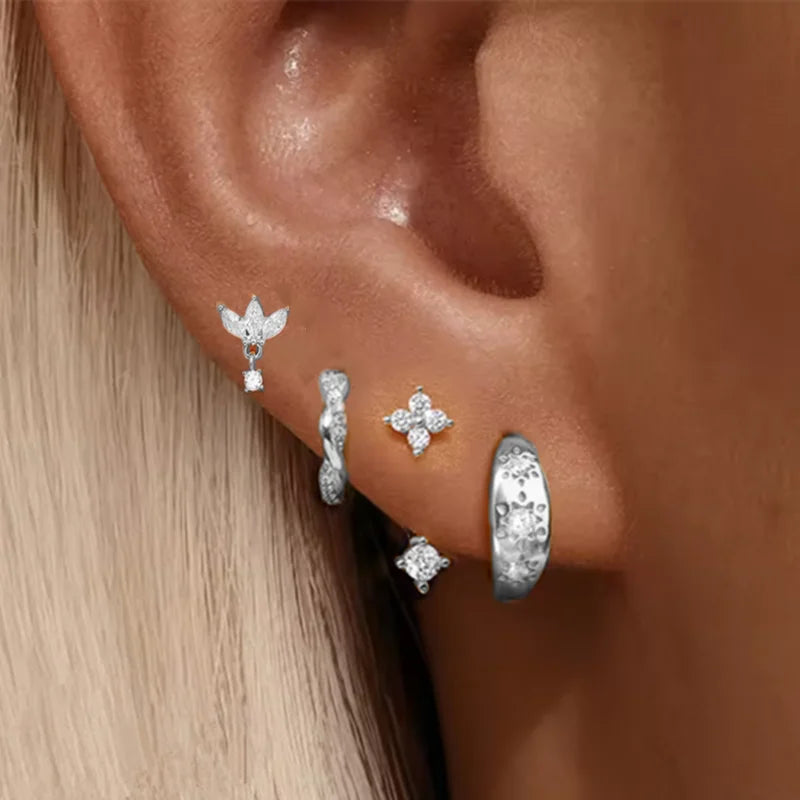 4PCS Fashion Stainless Steel Zirconia Star Huggie Hoop Earrings Set for Women Curious Pendant Flower Ear Stud Piercing Jewelry